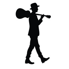 a young man with a bowler hat holding a guitar on his shoulder. The silhouette should be isolated on a white background 