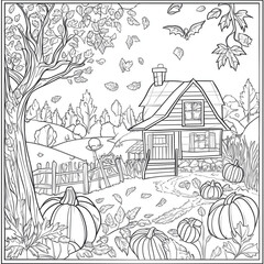Naklejka premium Autumn Harvest Coloring Page: Cozy Scenes with Pumpkins, Leaves, and Fall Decorations - Black and White Line Art