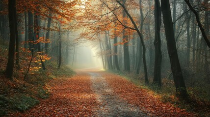 Obraz premium A forest path covered in fallen leaves during autumn, leading into a soft mist with sunlight filtering through the trees