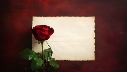 Timeless love embodied by a deep red rose resting on an antique handwritten letter, ideal for romantic decor and Valentines Day celebrations