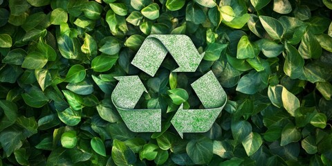 Green recycling symbol set in lush foliage highlights environmental conservation