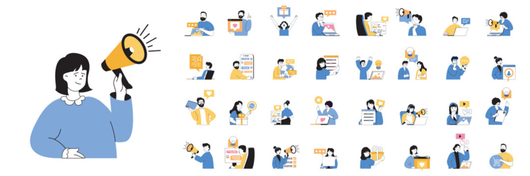 Social media concept mega set with character scenes in flat design for web. Bundle situations with people promote online, watching video, follow live broadcasting, share posts. Vector illustrations.