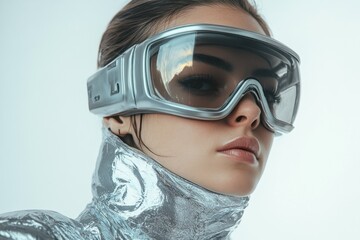 Person in futuristic reflective attire with advanced glasses
