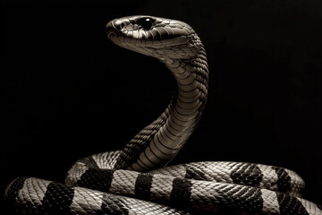 Fototapeta premium A king cobra snake, isolated on black background. Scales and details in high contrast and detail, texture - serpent