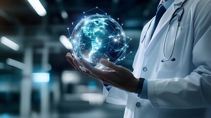 Doctor holding a glowing globe representing global health.
