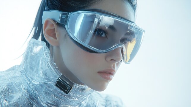 Cyberpunk aesthetic with reflective clothing and goggles