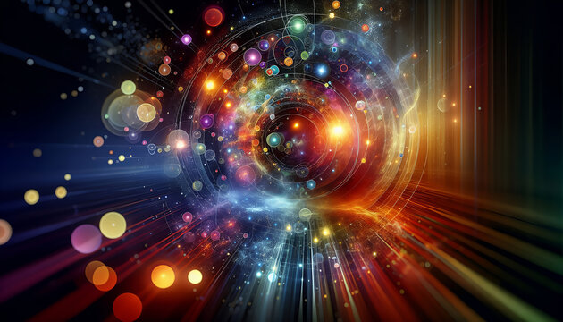 A vibrant cosmic vortex with colorful light particles radiating energy.