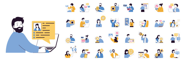 Social network concept mega set with character scenes in flat design for web. Bundle situations with people chatting online with friend, posting new photos, making live streams. Vector illustrations.