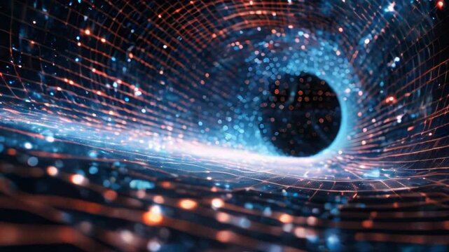 Tunnel of glowing particles - space-time fabric warp, black hole, new physics concept