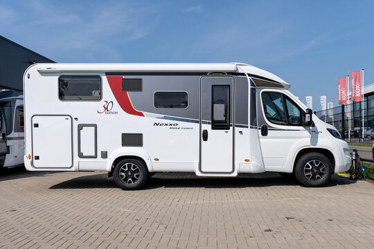 Wezep, Netherlands -September 1, 2024: Fiat Ducato based B&uuml;rstner Nexxo time T690G semi-integrated motorhome