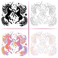 Silhouette of a Unicorn, Colorful Unicorn Silhouette, Unicorn Tracing and Outline