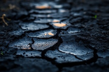 Obraz premium A close-up shot of cracked dark mud with footprints, symbolizing the passage of time, the fragility of nature, the impact of human presence, the resilience of the earth, and the beauty of imperfection