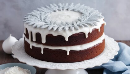 A delicious chocolate cake decorated with white frosting and silver leaves