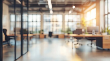 Fototapeta premium Bright and inviting office space with blurred focus highlighting a productive environment