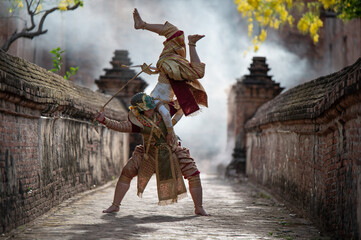 Pantomime (Khon) is traditional Thai classic masked play enacting scenes from the Ramayana in a...