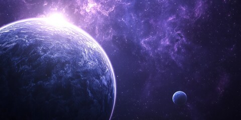 Obraz premium Blue and Pink Planet with Two Suns in Deep Space