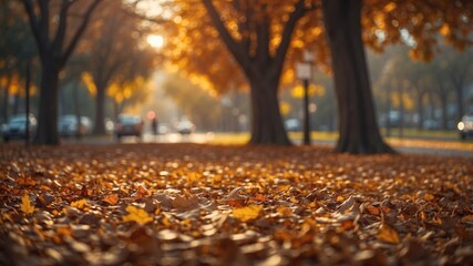 Image golden autumn leaves on the road in the park, wallpaper