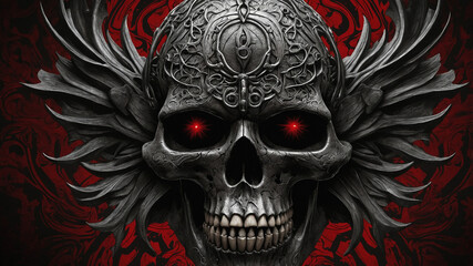 Ornate skulls, helmets, and red drapery with a cracked skull on top in a gothic and medieval theme art