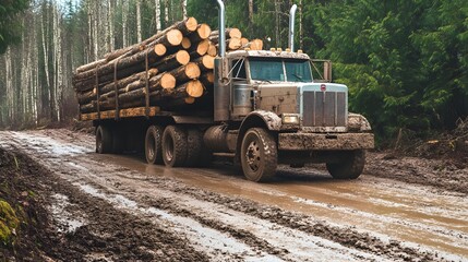 Obraz premium A semi-truck hauls logs through a muddy forest road.
