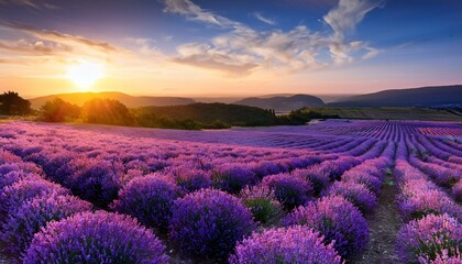 Obraz premium Lavender Fields at Sunset Serene Purple Blooms Spread Across the Landscape