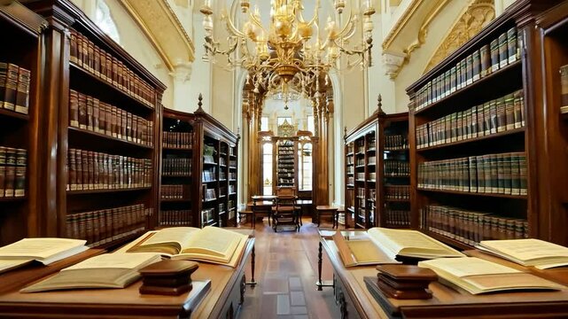 Explore the stunning architecture of a historic library filled with ancient books and elegant chandeliers in the heart of the city