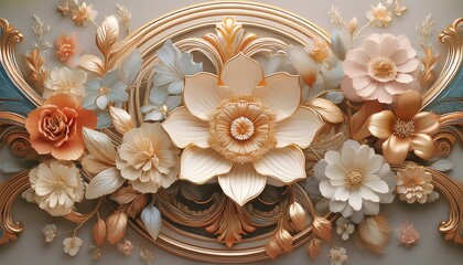 Luxurious Floral Ceiling Decoration, 3D Digital Illustration of Lavish Flower Display on Elegant Wallpaper Background, Perfect for Artistic Interiors and Design Concepts