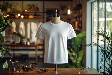 Obraz premium Tshirt on stylish mannequin in boutique background created with Generative AI