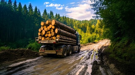 A large truck loaded with logs drives on a muddy road through a forest.