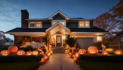 Nighttime Halloween Decorations House Exterior