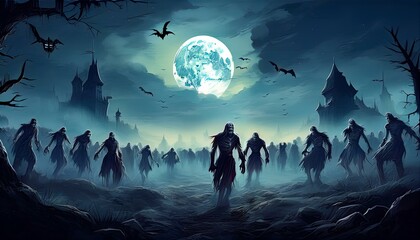 Nighttime Zombie Horde Under Full Moon, Digital Art, Halloween Theme, Spooky Atmospheric Crowd of Zombies Walking in Misty Night, Eerie Horror Concept Illustration