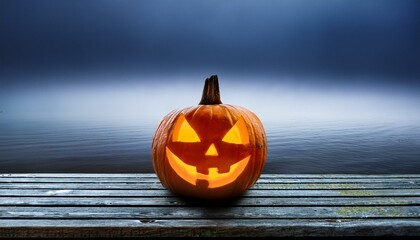 One spooky halloween pumpkin, Jack O Lantern, with an evil face and eyes on a wooden bench, table with a misty gray coastal night background with space for product placement