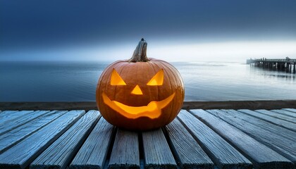 One spooky halloween pumpkin, Jack O Lantern, with an evil face and eyes on a wooden bench, table with a misty gray coastal night background with space for product placement