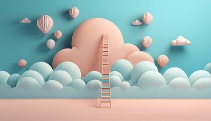 Pastel Skyward Journey with Ladder, Balloons, and Clouds for Growth, Development, and Future Aspirations Concept in Minimal Composition