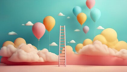 Pastel Skyward Journey with Ladder, Balloons, and Clouds for Growth, Development, and Future Aspirations Concept in Minimal Composition