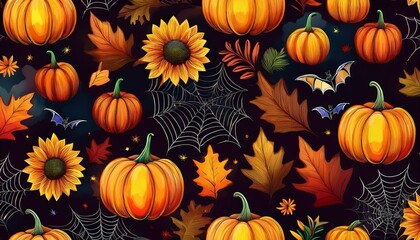 Seamless Fall Halloween Pattern with Glitter Pumpkins, Bats, Spider Webs, Sunflowers, and Autumn Leaves