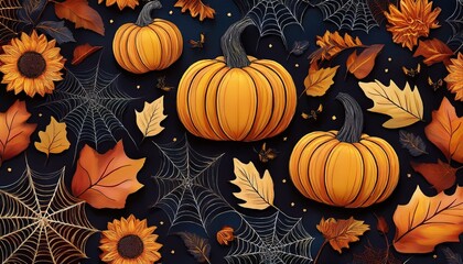 Seamless Fall Halloween Pattern with Glitter Pumpkins, Bats, Spider Webs, Sunflowers, and Autumn Leaves
