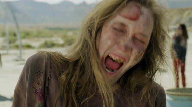 Crazy zombie woman in desert - close up