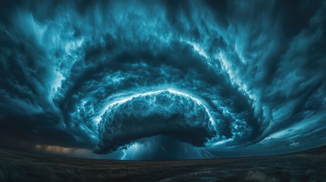 A storm chaser perspective of a rapidly forming supercell cloud, with dark swirling skies and intense flashes of lightning illuminating the landscape