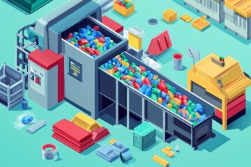 Obraz premium Innovative recycling machine transforms plastic waste into new products in a colorful, modern design