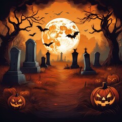 Spooky Halloween Night Cemetery Scene with Full Moon, Jack-O'-Lanterns, and Bats Against an Orange Sky