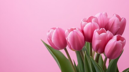 A delicate bouquet of pink tulips arranged against a soft pink background. The tulips symbolize love, beauty, new beginnings, and spring. The soft pink backdrop adds a gentle and romantic touch.