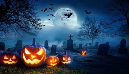 Spooky Halloween Night with Jack-O'-Lanterns in a Moonlit Graveyard, Eerie Atmosphere with Glowing Pumpkins, Bats, and Creepy Misty Surroundings, Perfect Halloween Backdrop for Seasonal Videos