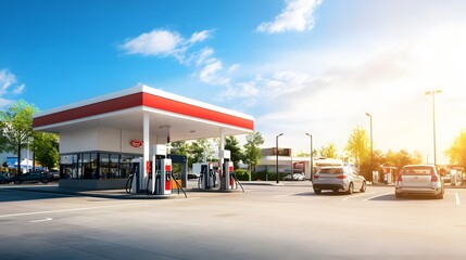 A gas station with several pumps and a canopy on a sunny day.