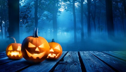 Spooky Halloween Pumpkins Glowing on Wooden Deck in Mysterious Night Forest with Blue Fog and Fallen Leaves, Eerie Fall Atmosphere