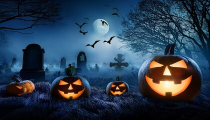 Spooky Halloween Night with Jack-O'-Lanterns in a Moonlit Graveyard, Eerie Atmosphere with Glowing Pumpkins, Bats, and Creepy Misty Surroundings, Perfect Halloween Backdrop for Seasonal Videos