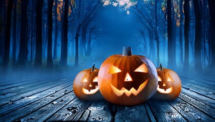 Spooky Halloween Pumpkins Glowing on Wooden Deck in Mysterious Night Forest with Blue Fog and Fallen Leaves, Eerie Fall Atmosphere