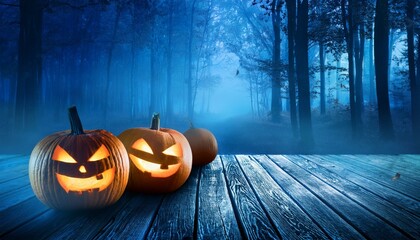 Spooky Halloween Pumpkins Glowing on Wooden Deck in Mysterious Night Forest with Blue Fog and Fallen Leaves, Eerie Fall Atmosphere