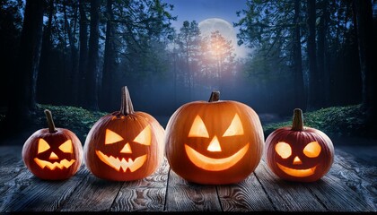 Spooky Halloween Pumpkins with Glowing Faces on Wooden Surface in Enchanted Forest at Night, Eerie Autumn Vibes, Candlelit Jack-O'-Lanterns in Misty Woodland, Perfect For Halloween Themes