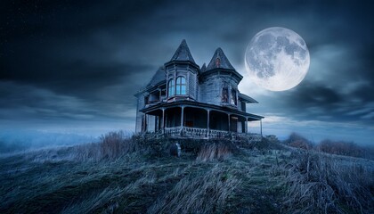 Spooky Haunted House Under Full Moon with Cloudy Night Sky, Eerie Atmosphere, and Dark Shadows for Halloween Themes