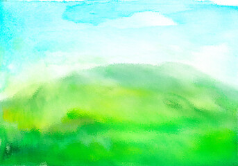 Fototapeta premium Watercolor blurry abstract background. The outlines of a field, sky, hill, mountain. Summer, country landscape, background for your design, banner Summer landscape background. Abstract splash 